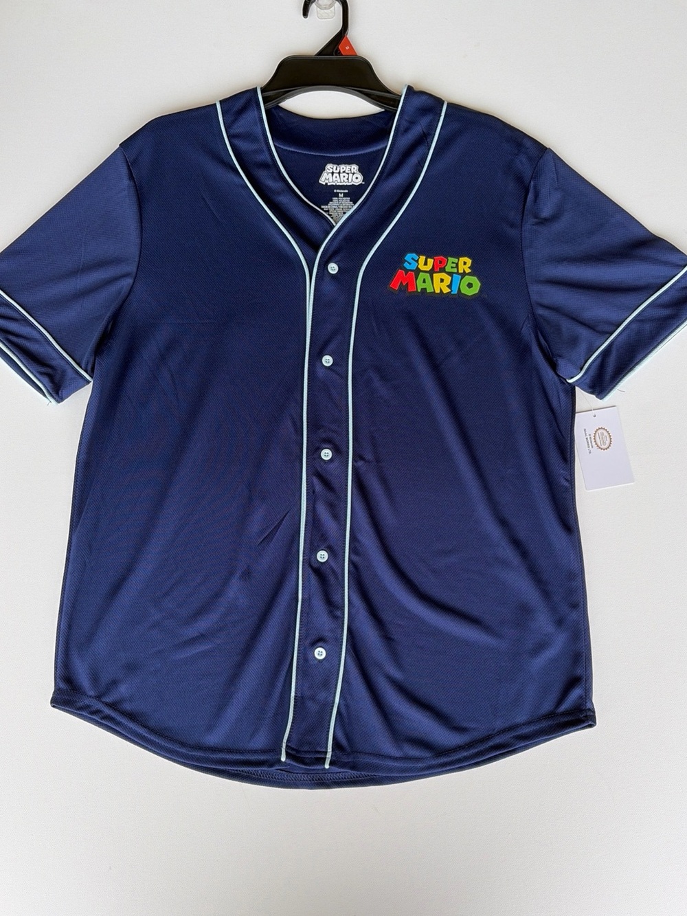 Nintendo Super Mario Navy Baseball Jersey with Multicolor Logo Men’s Medium